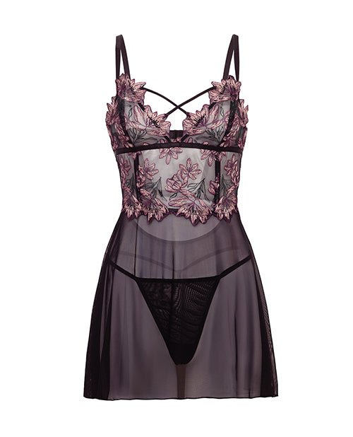 Adela Embroidered Boned Lace and Mesh Babydoll w/G - String 2 pc Set - Black/Pink 1X | Shop Lowest Prices at Funlove.com