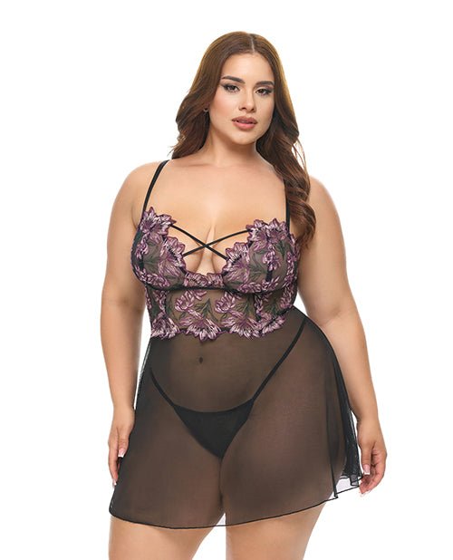 Adela Embroidered Boned Lace and Mesh Babydoll w/G - String 2 pc Set - Black/Pink 2X | Shop Lowest Prices at Funlove.com