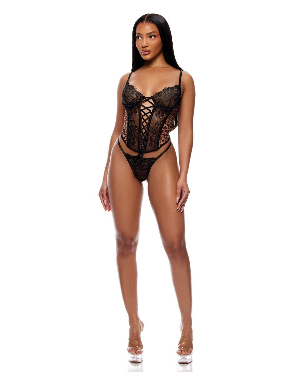 Animal Instincts Sheer Mesh and Lace Bustier w/Thong 2 pc Set - Animal XL | Shop Lowest Prices at Funlove.com
