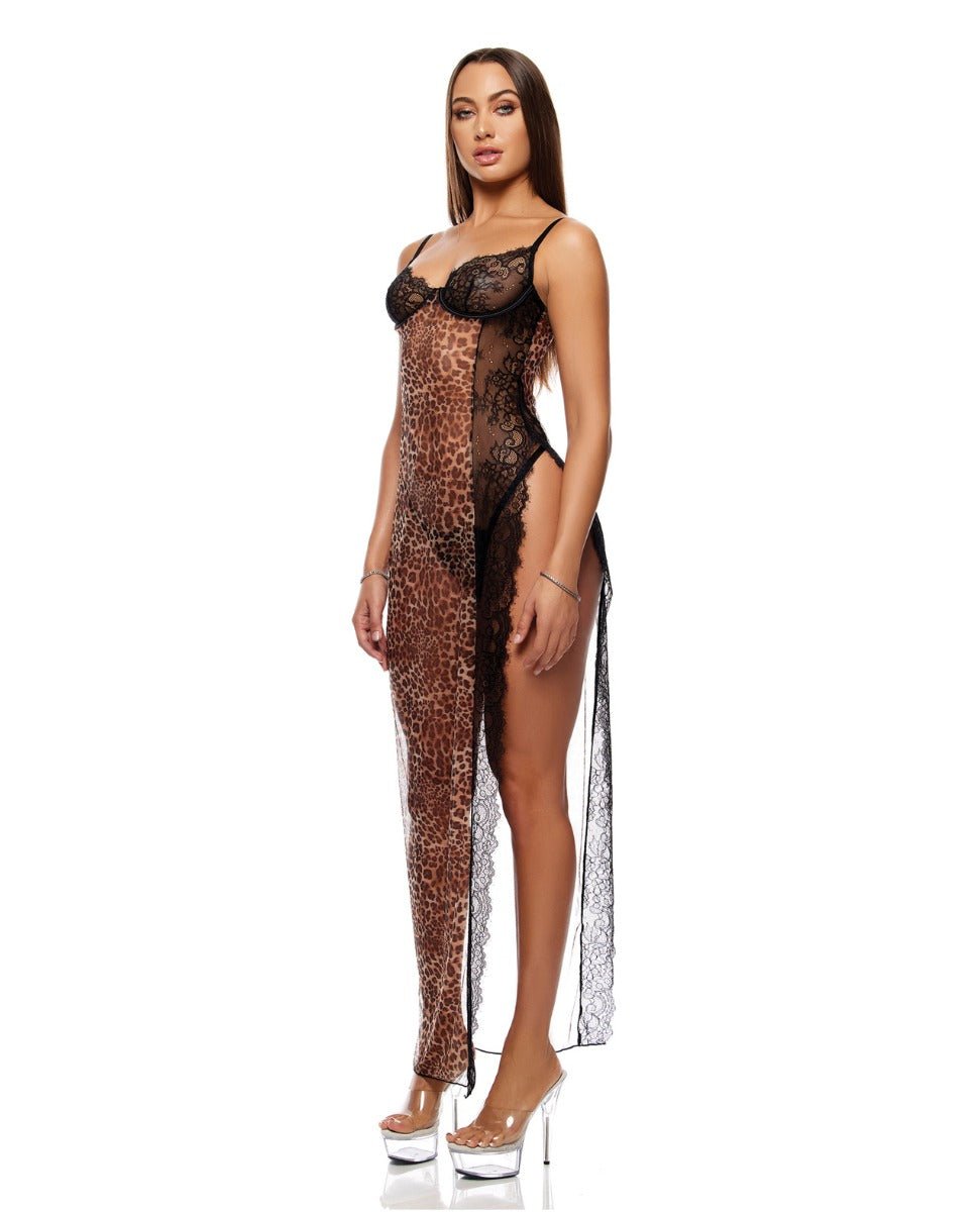 Animal Instincts Sheer Mesh and Lace Gown w/Thong 2 pc Set - Animal LG | Shop Lowest Prices at Funlove.com