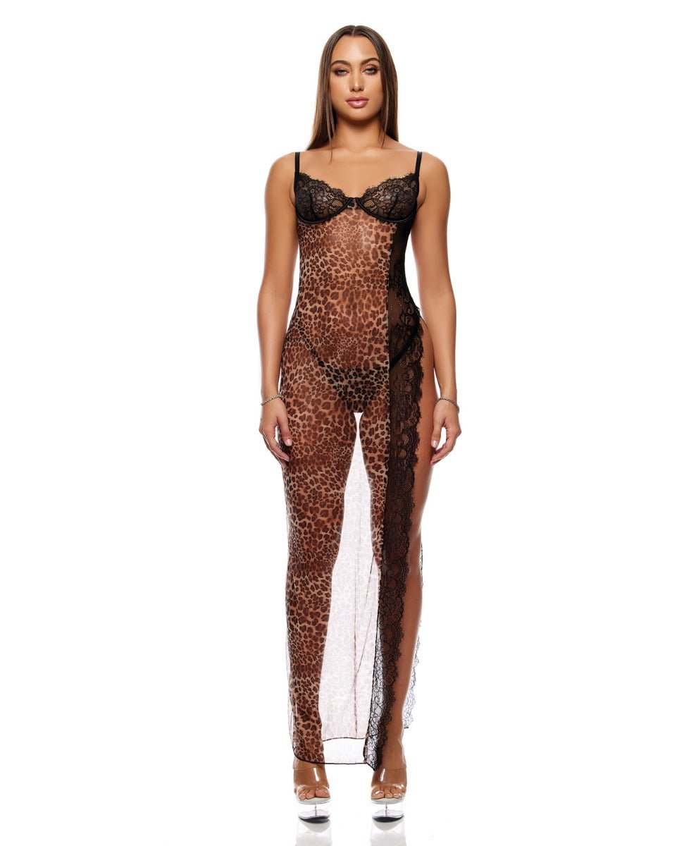 Animal Instincts Sheer Mesh and Lace Gown w/Thong 2 pc Set - Animal LG | Shop Lowest Prices at Funlove.com