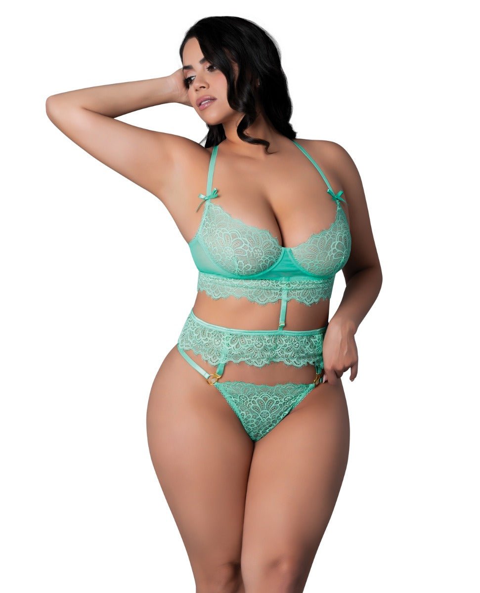 Caribbean Crush Demi Long Line Bra w/Thong & Removable Waist Flounce - Aqua QN | Shop Lowest Prices at Funlove.com