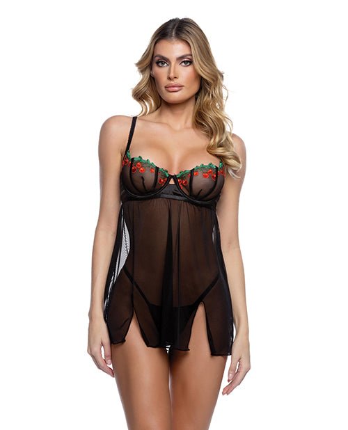 Cherry Delight Embroidered Lace and Mesh Babydoll w/Balconette Cup & Thong 2 pc Set - Black MD | Shop Lowest Prices at Funlove.com