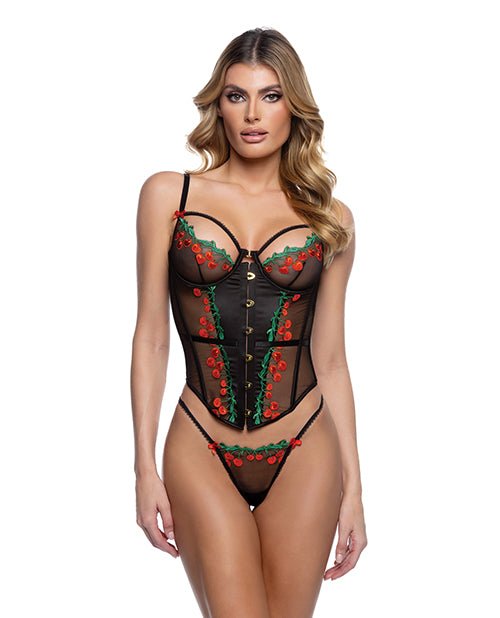 Cherry Delight Embroidered Underwire Corset w/G - String - Black MD | Shop Lowest Prices at Funlove.com