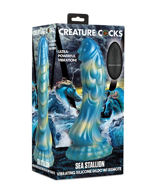 Creature Cocks Sea Stallion Vibrating Dildo w/ Remote - Blue/Yellow | Shop Lowest Prices at Funlove.com