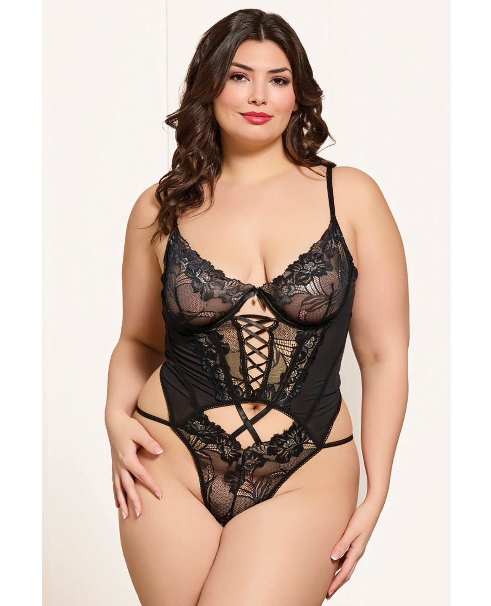 Cross - Dye Lace and Mesh Underwire Teddy w/Hook and Eye Back Closure - Black 3X/4X | Shop Lowest Prices at Funlove.com