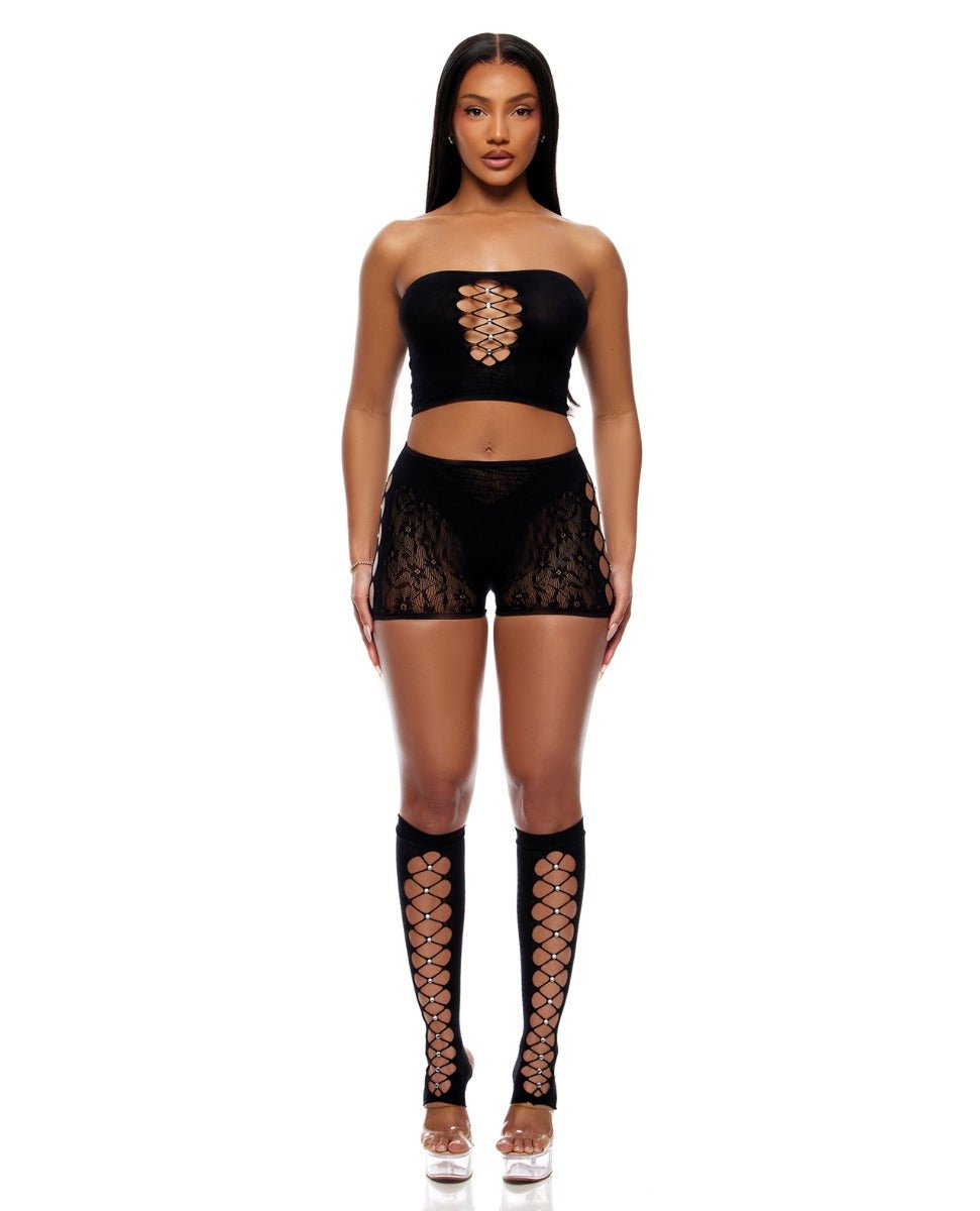 Cross Your Mind Tube Top w/Boy Short & Open Toe Socks Bodystocking - Black O/S | Shop Lowest Prices at Funlove.com