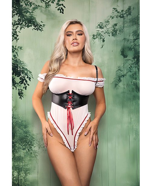 Dangerous Darling Sheer Mesh Ruffle Teddy w/Waist Cincher & Hooded Cape 3 pc Set - Black/White L/XL | Shop Lowest Prices at Funlove.com