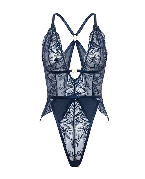 Davina V - Plunge Embroidered Teddy w/Double Ring Charm - Navy XL | Shop Lowest Prices at Funlove.com