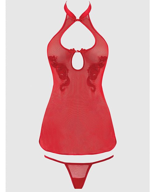 Dragon Mesh & Applique Chemise w/G - String 2 pc Set - Red SM | Shop Lowest Prices at Funlove.com