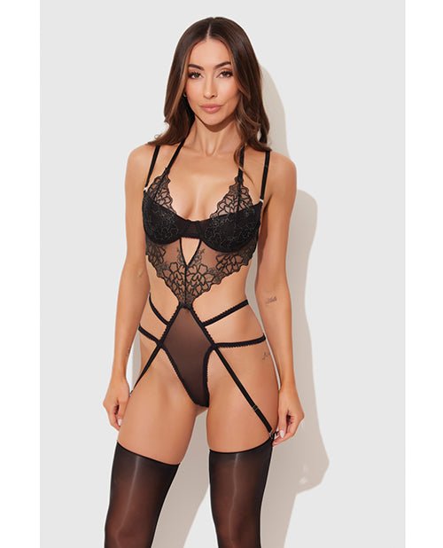 Eden Embroidered Lace & Mesh Teddy w/Garters - Black SM | Shop Lowest Prices at Funlove.com