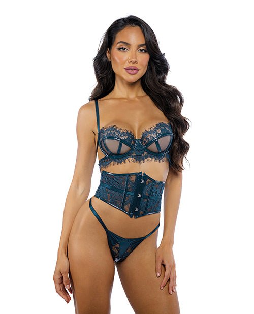 Eden Scalloped Eyelash Lace & Wet Look Waspie 3 pc Set - Teal XL | Shop Lowest Prices at Funlove.com