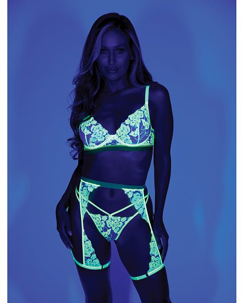Embroidered Floral Lace Bra w/Thong & Chaps Blacklight Reactive 3 pc Set - Yellow LG | Shop Lowest Prices at Funlove.com