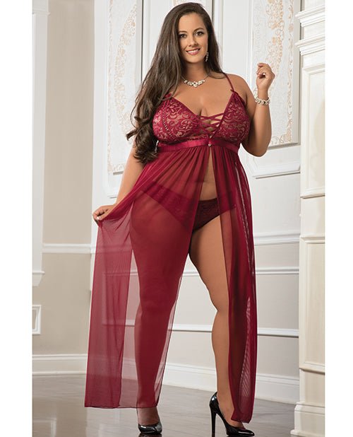 Empire Waist Laced Sheer Long Dress & Panty Mulled Wine Qn | Shop Lowest Prices at Funlove.com