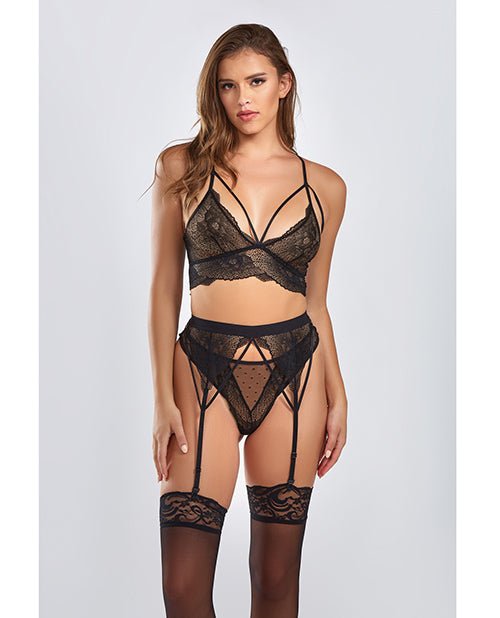 Everly Dot Mesh & Galloon Lace Strappy Bra, Garterbelt & Hipster Panty Black | Shop Lowest Prices at Funlove.com