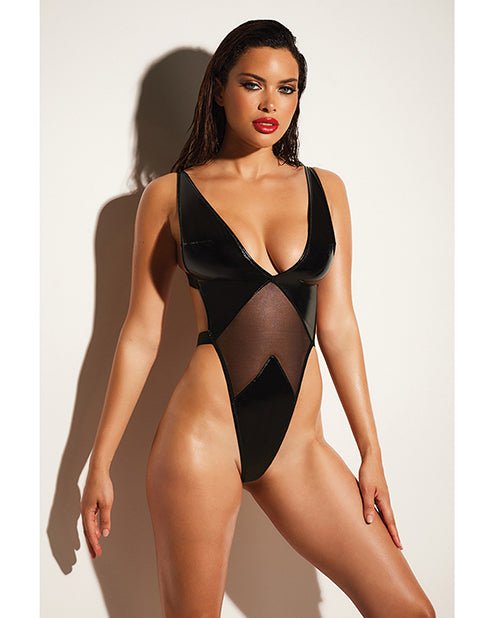Fetish Limitless Soft Cup High Leg Vinyl & Mesh Teddy Black | Shop Lowest Prices at Funlove.com