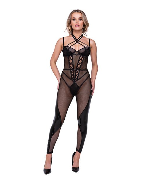 Flirty Fetish Fishnet & Faux Leather Catsuit W/satin Trim Black | Shop Lowest Prices at Funlove.com