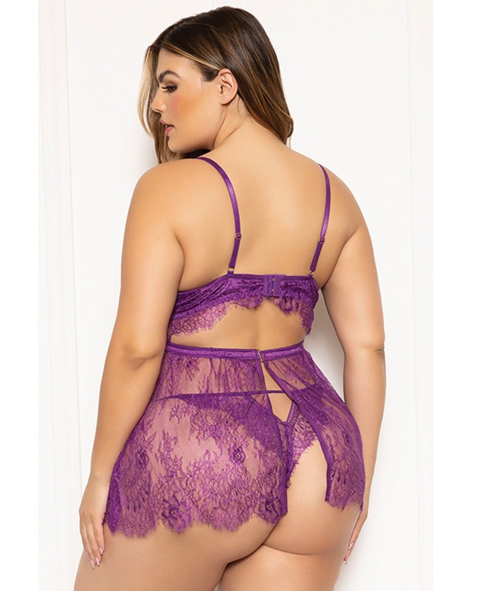 Floral Eyelash Lace Underwire Babydoll w/Thong 2 pc Set - Purple 3X/4X | Shop Lowest Prices at Funlove.com