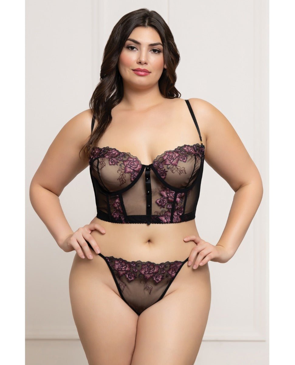 Floral Lace and Mesh Underwire Bustier w/Thong 2 pc Set - Black/Purple 1X/2X | Shop Lowest Prices at Funlove.com