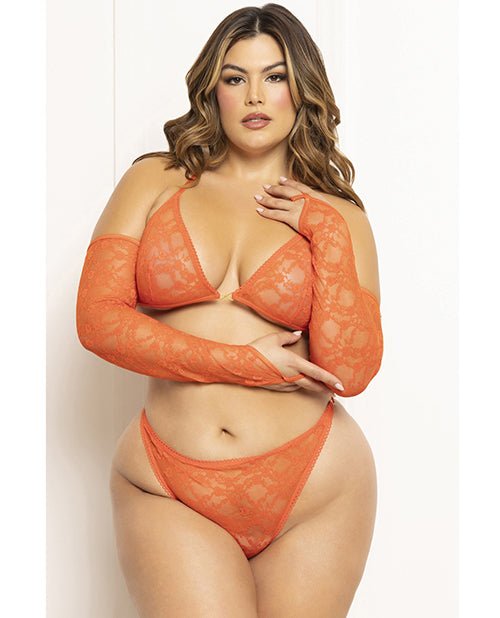 Floral Lace Halter Triangle Top w/Thong & Gauntlet Gloves 3 pc Set - Tangerine QN | Shop Lowest Prices at Funlove.com