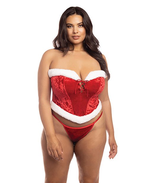 Holiday Santa's Entourage Boned Velvet Bustier w/Marabou Trim & G - String Red/White 1X/2X | Shop Lowest Prices at Funlove.com