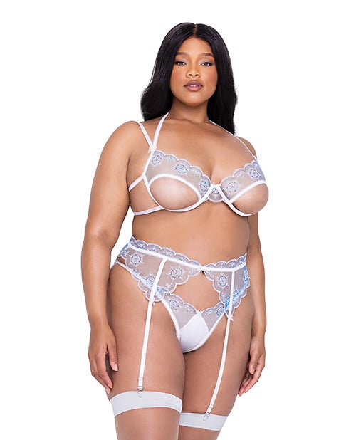 Holiday Snow Queen Metallic Snowflake Embroidered Bra & High Waisted Thong Blue/White 1X | Shop Lowest Prices at Funlove.com