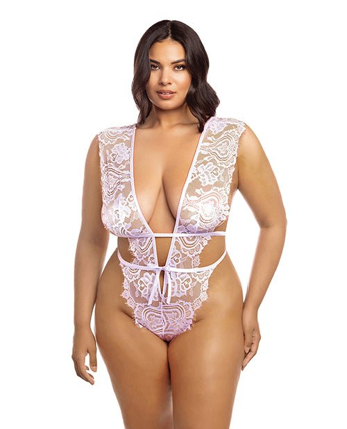 Imani Eyelash Lace Soft Cup High Leg Teddy Pink Tulle 1X/2X | Shop Lowest Prices at Funlove.com