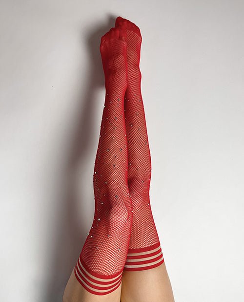 Kix'ies Joely Fishnet Rhinestone Thigh High Red B | Shop Lowest Prices at Funlove.com