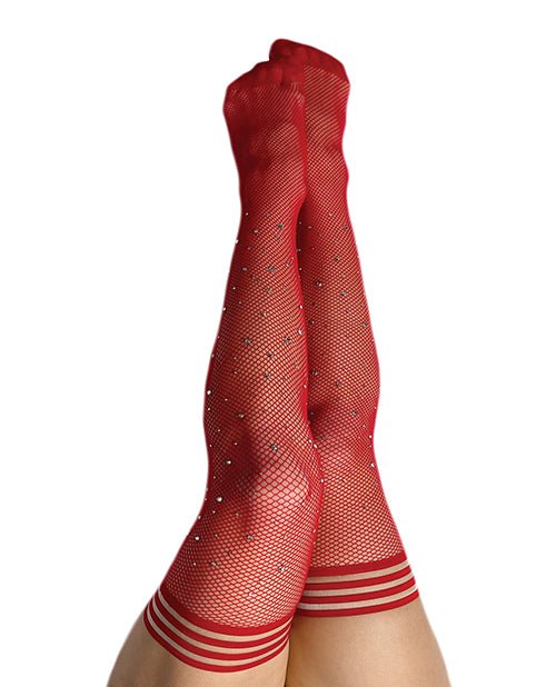 Kix'ies Joely Fishnet Rhinestone Thigh High Red C | Shop Lowest Prices at Funlove.com