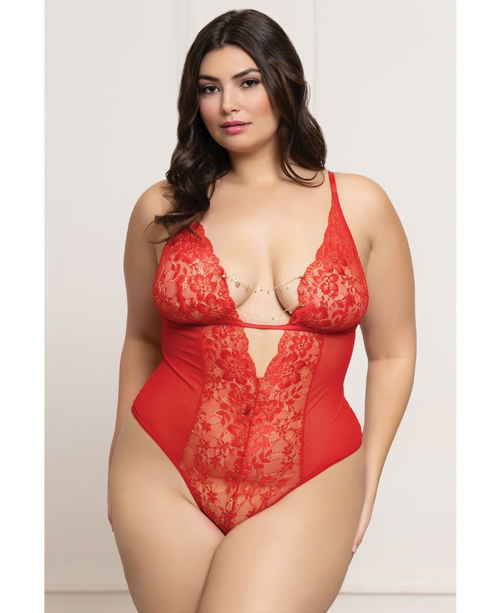 Lace and Mesh Open Crotch Teddy w/Rhinestone Detail - Red QN | Shop Lowest Prices at Funlove.com
