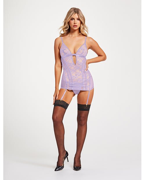 Lace & Mesh Triangle Cup Chemise w/Garters & Thong Lavender LG | Shop Lowest Prices at Funlove.com