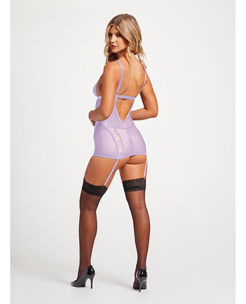 Lace & Mesh Triangle Cup Chemise w/Garters & Thong Lavender LG | Shop Lowest Prices at Funlove.com