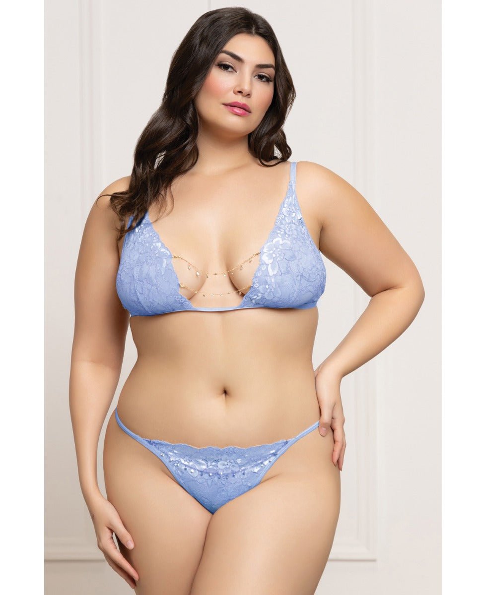 Lace Triangle Top & G - String with Rhinestone Details - Periwinkle Blue QN | Shop Lowest Prices at Funlove.com
