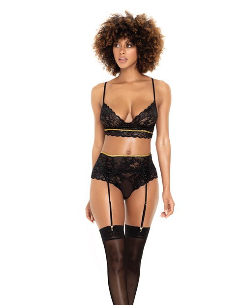 Lace Underwire Bra, Thong & Garterbelt w/Lace Up Detail Black M/L | Shop Lowest Prices at Funlove.com