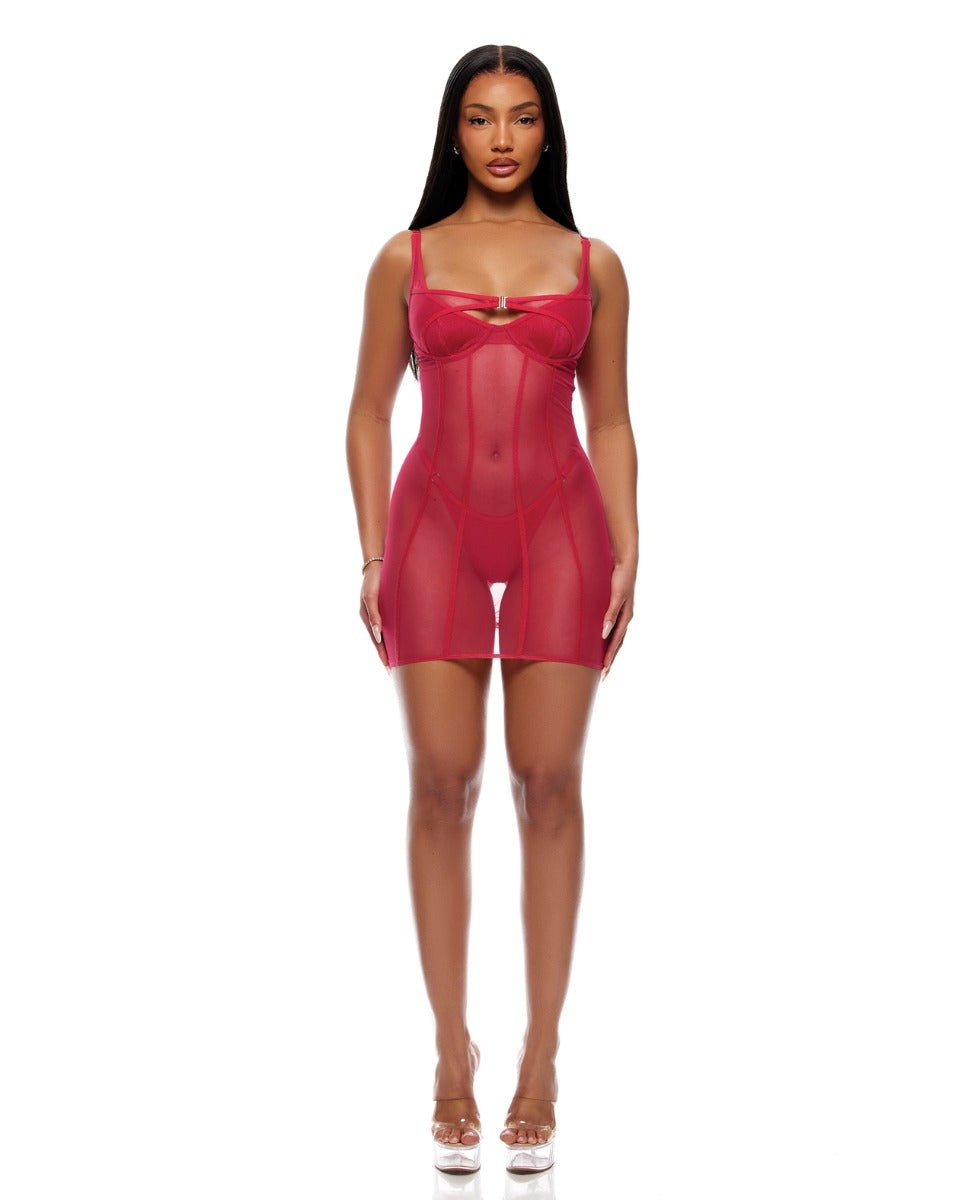 Layers To This Sheer Mesh and Knit Chemise w/Thong 2 pc Set - Pink LG | Shop Lowest Prices at Funlove.com