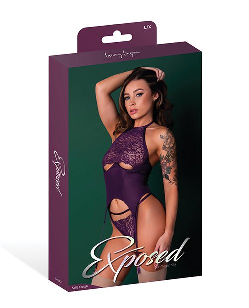 Leather & Lace Stretch Mesh and Lace Underboob Cutout Corset & Panty 2 pc Set - Plum S/M | Shop Lowest Prices at Funlove.com