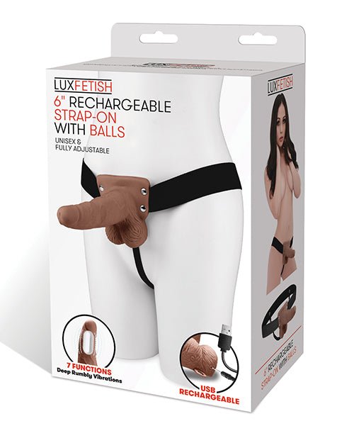Lux Fetish 6" Rechargeable Strap On w/Balls - Brown | Shop Lowest Prices at Funlove.com