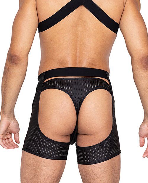 Master Chaps w/Hook & Ring Closure & Rear Cut Out (Thong Not Included) - Black MD | Shop Lowest Prices at Funlove.com