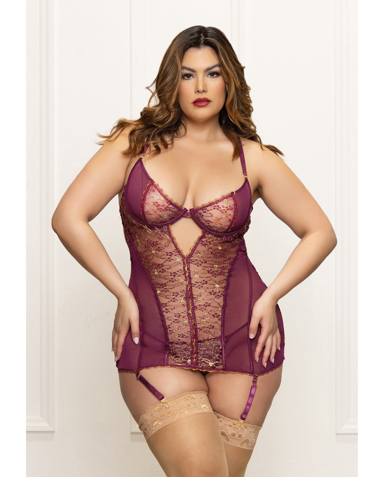 Metallic Lace with Mesh Gartered Chemise & Thong - Plum 1X/2X | Shop Lowest Prices at Funlove.com