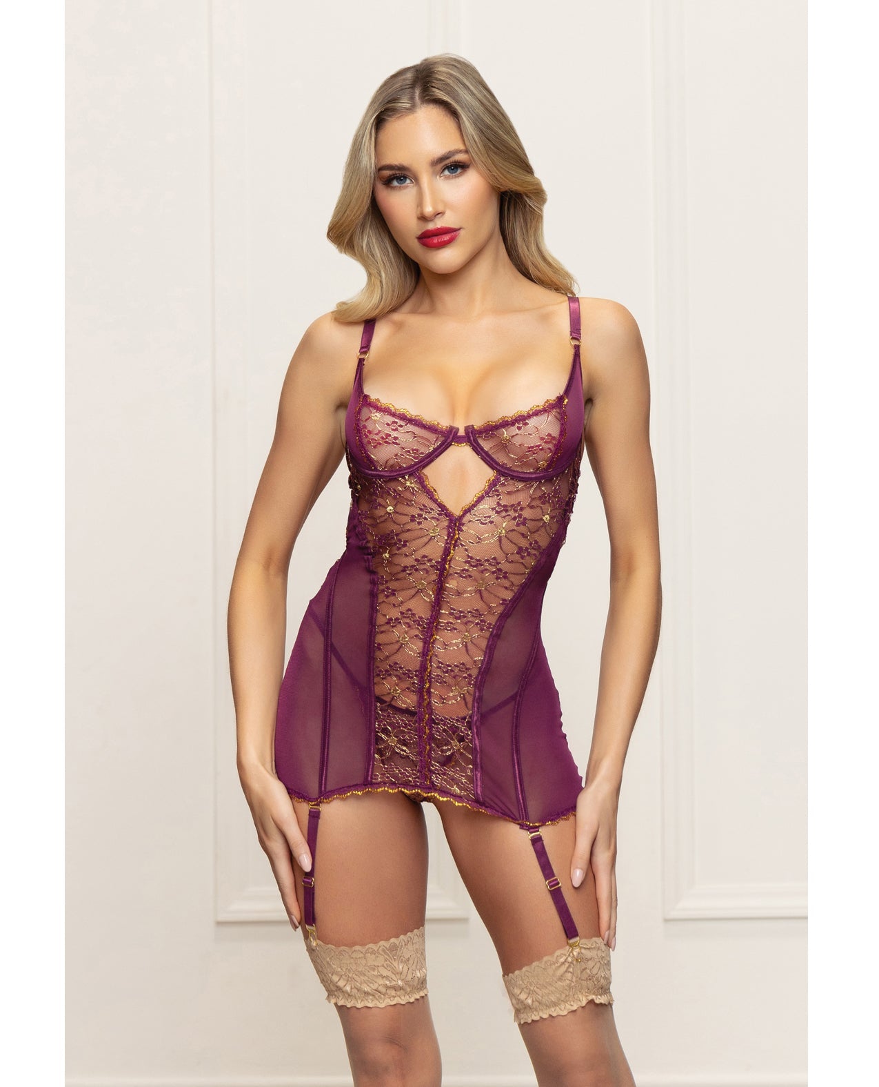 Metallic Lace with Mesh Gartered Chemise & Thong - Plum | Shop Lowest Prices at Funlove.com