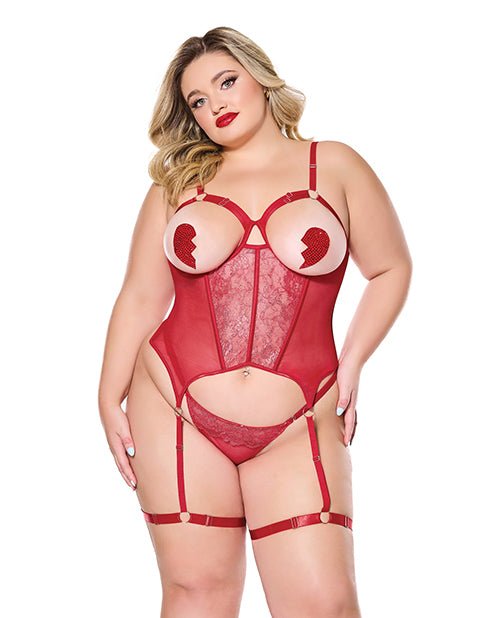 Metallic Stretch Scallop Lace and Mesh Bustier w/Thong - Red 1X/2X | Shop Lowest Prices at Funlove.com