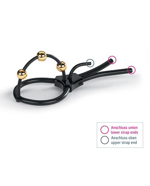 Mystim Pearly Pete Corona Strap w/Gold Balls - Black | Shop Lowest Prices at Funlove.com