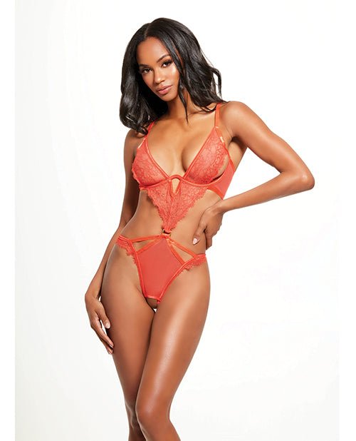 Nadia Lace & Mesh Cutout Teddy - Grenadine Dark Orange LG | Shop Lowest Prices at Funlove.com