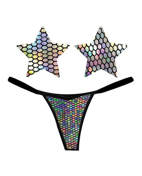 Neva Nude Naughty Knix Mirrored Mayhem Holographic G - string & Pasties - Black O/s | Shop Lowest Prices at Funlove.com