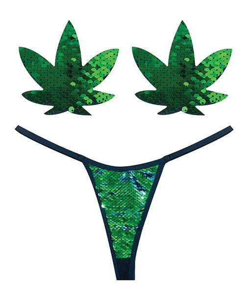 Neva Nude Naughty Knix Weed Leaf Sequin G - String & Pasties - Green O/S | Shop Lowest Prices at Funlove.com