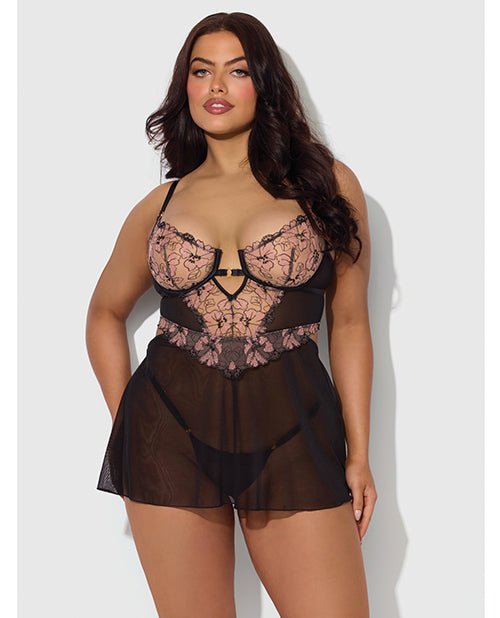 Nova Lace & Mesh Babydoll w/G - String 2 pc Set - Black 3X/4X | Shop Lowest Prices at Funlove.com
