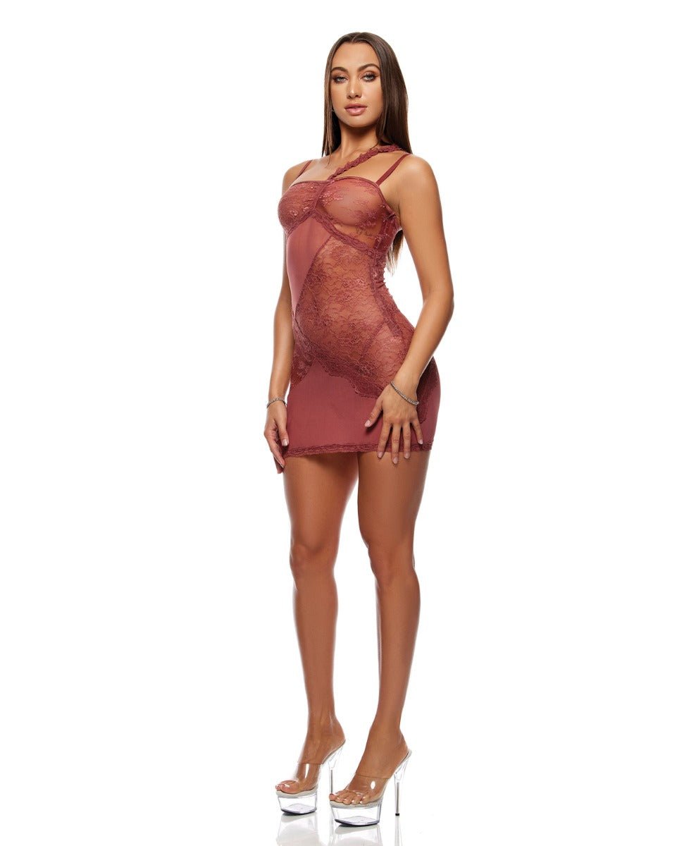 Patch of Petals Sheer Mesh and Lace Chemise w/Thong 2 pc Set - Mauve LG | Shop Lowest Prices at Funlove.com