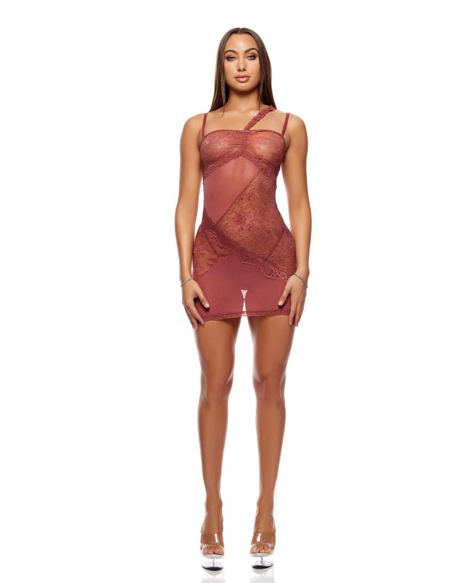 Patch of Petals Sheer Mesh and Lace Chemise w/Thong 2 pc Set - Mauve MD | Shop Lowest Prices at Funlove.com