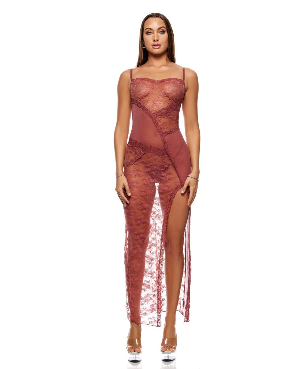 Patch Of Petals Sheer Mesh and Lace Gown w/Thong 2 pc Set - Mauve SM | Shop Lowest Prices at Funlove.com