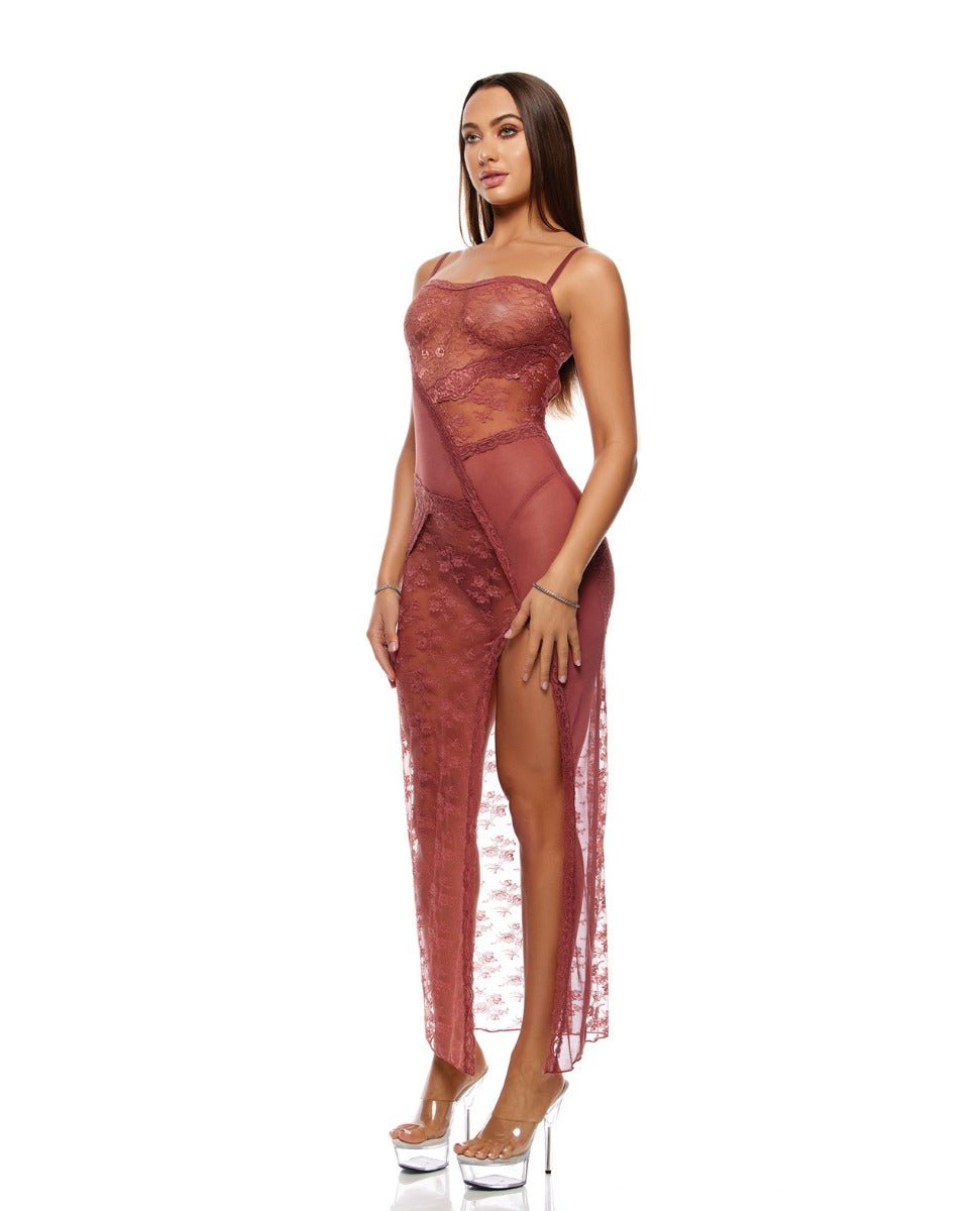 Patch Of Petals Sheer Mesh and Lace Gown w/Thong 2 pc Set - Mauve SM | Shop Lowest Prices at Funlove.com
